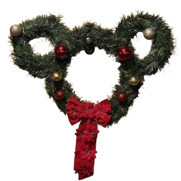 Mickey Mouse Shaped Holiday Door Wreath with/Red Glittering Bows and Ornaments - Picture 2 of 10